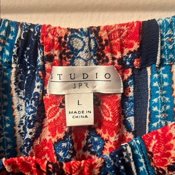 Vibrant Blue and Red 3/4 Sleeve Smocked Tunic off shoulder - Picture 3 of 9